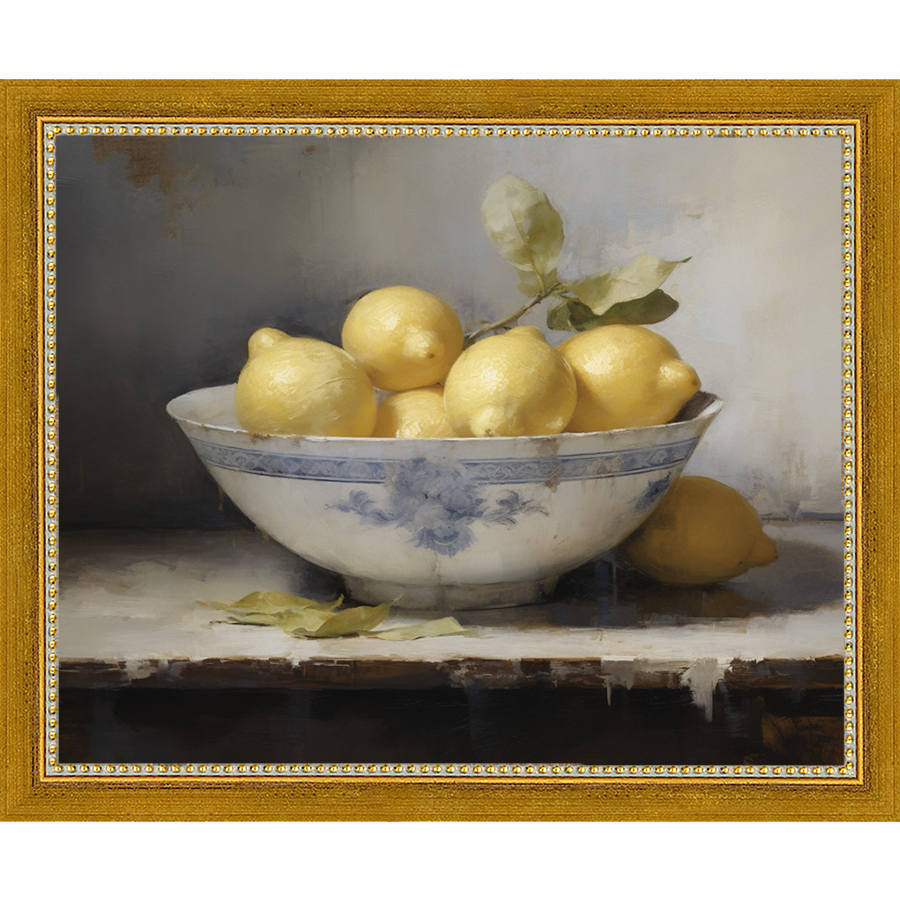 SA036-LEMONS IN BOWL Hand framed in a transitional gold frame. Finished Size: W 11.25 in x H 9.25 in