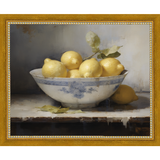 SA036-LEMONS IN BOWL Hand framed in a transitional gold frame. Finished Size: W 11.25 in x H 9.25 in