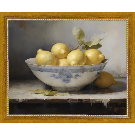SA036-LEMONS IN BOWL Hand framed in a transitional gold frame. Finished Size: W 11.25 in x H 9.25 in
