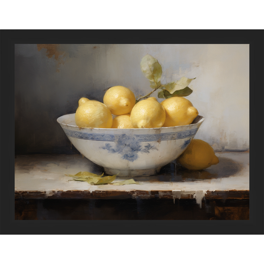 SA036-LEMONS IN BOWL Hand framed in a matte black frame. Finished Size: W 13.25 in x H 10.25 in