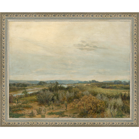 SA041-LANDSCAPE WITH RIVER Hand framed in an ornate dark silver frame. Finished Size: W 11.25 in x H 9.25 in