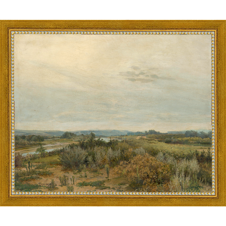 SA041-LANDSCAPE WITH RIVER Hand framed in a transitional gold frame. Finished Size: W 11.25 in x H 9.25 in