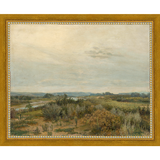 SA041-LANDSCAPE WITH RIVER Hand framed in a transitional gold frame. Finished Size: W 11.25 in x H 9.25 in