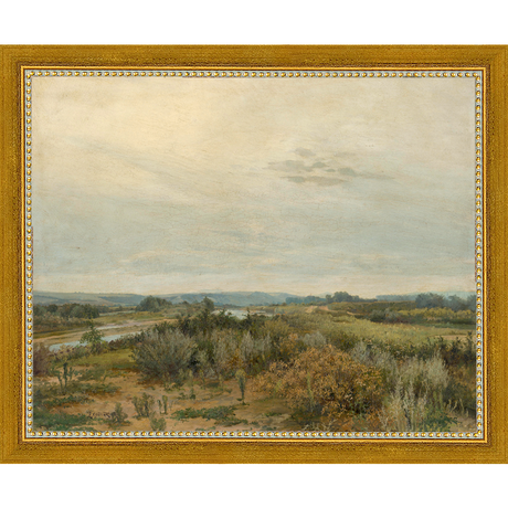 SA041-LANDSCAPE WITH RIVER Hand framed in a transitional gold frame. Finished Size: W 11.25 in x H 9.25 in