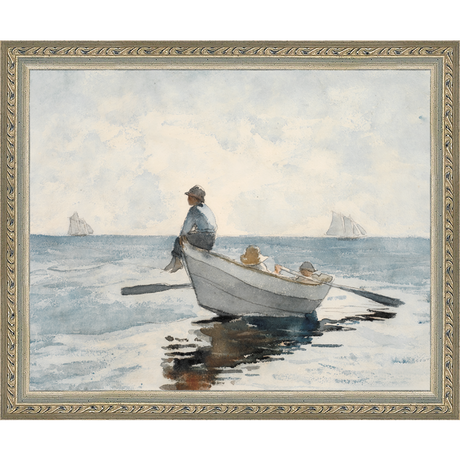 SA046-ROWBOAT Hand framed in an ornate dark silver frame. Finished Size: W 11.25 in x H 9.25 in