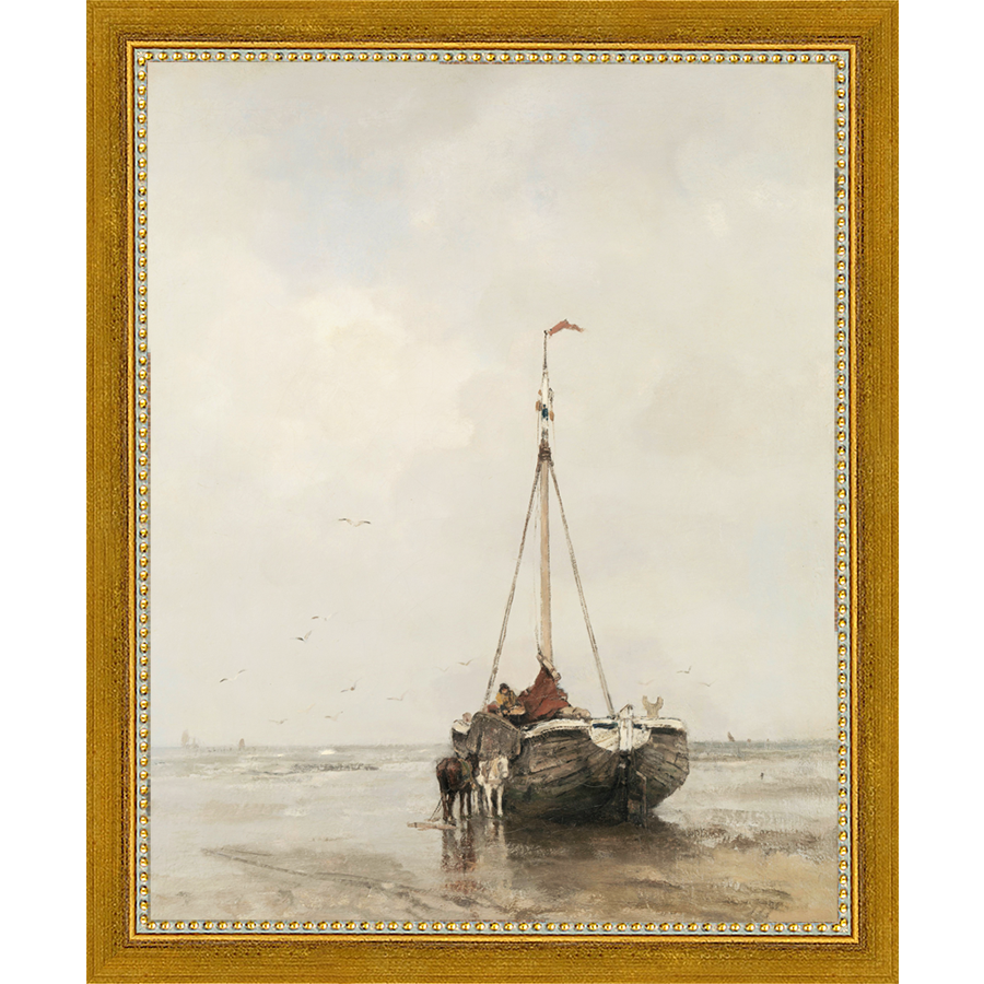 SA055-AWAITING THE TIDE Hand framed in a transitional gold frame. Finished Size: W 9.25 in x H 11.25 in