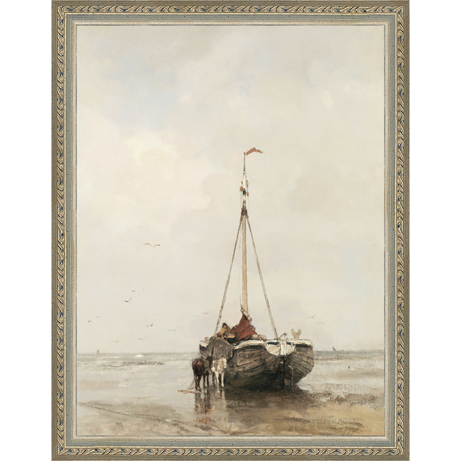 SA055-AWAITING THE TIDE Hand framed in an ornate dark silver frame. Finished Size: W 10.25 in x H 13.25 in