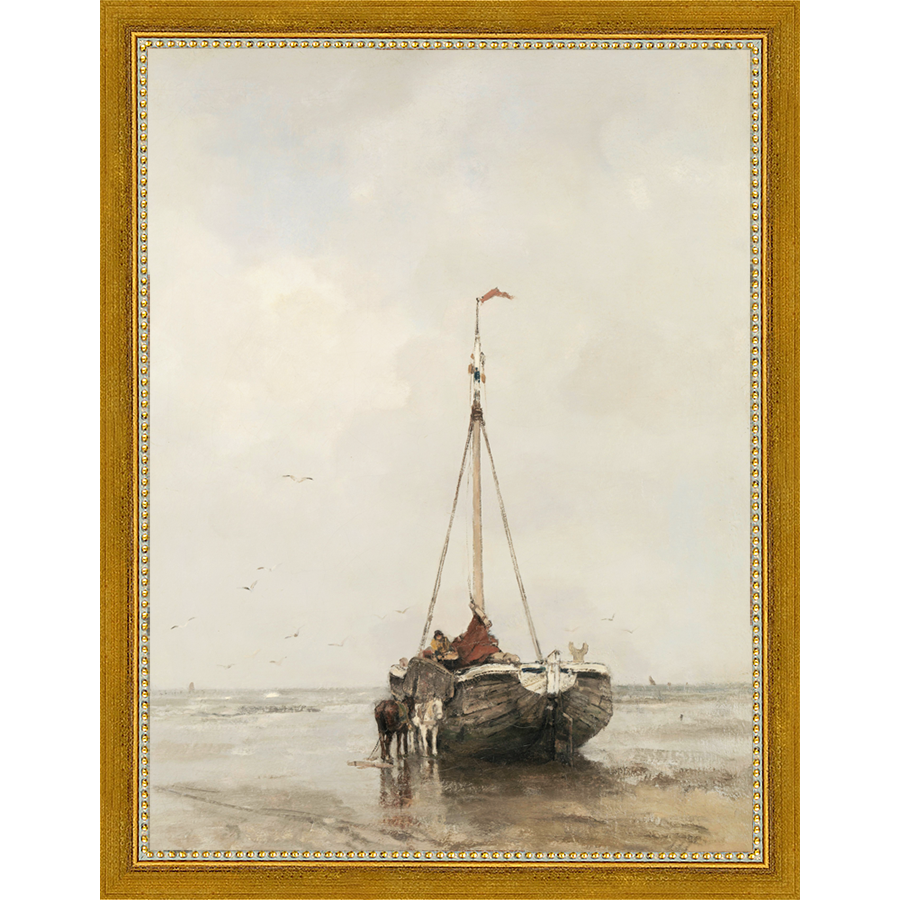 SA055-AWAITING THE TIDE Hand framed in a transitional gold frame. Finished Size: W 10.25 in x H 13.25 in