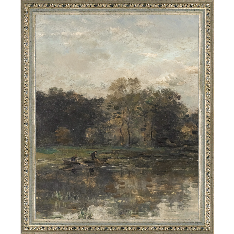 SA068-LAKE TRIPTYCH I (LEFT) Hand framed in an ornate dark silver frame. Finished Size: W 9.25 in x H 11.25 in