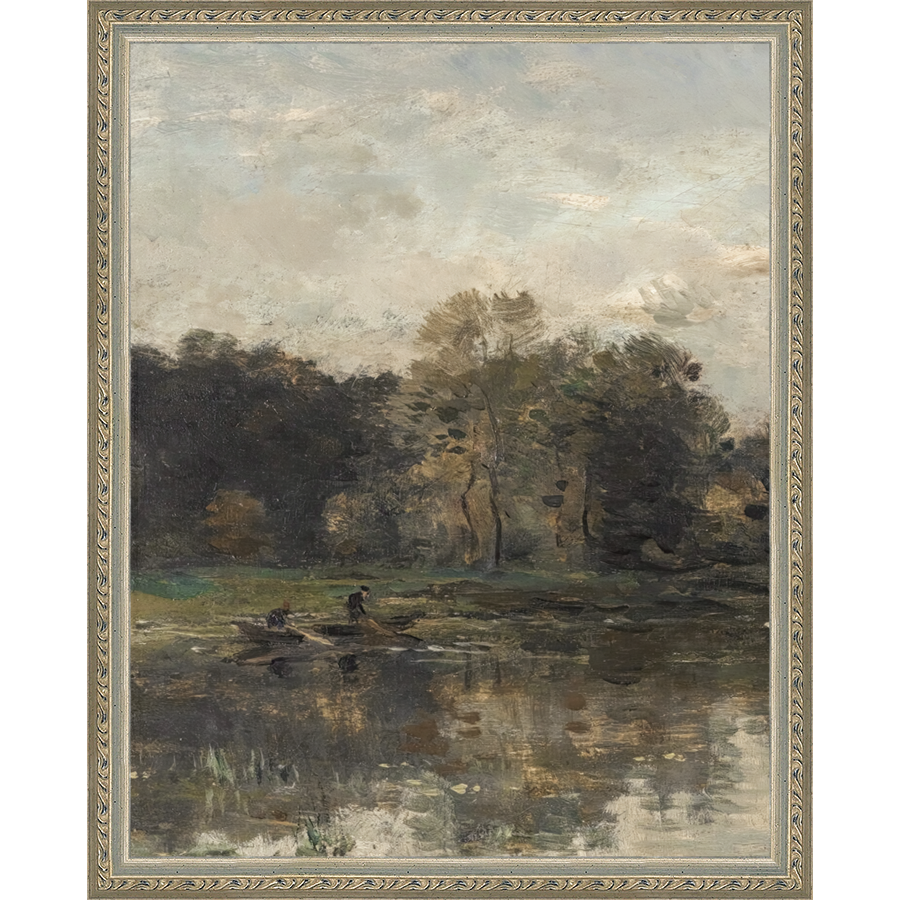 SA068-LAKE TRIPTYCH I (LEFT) Hand framed in an ornate dark silver frame. Finished Size: W 12.25 in x H 15.25 in