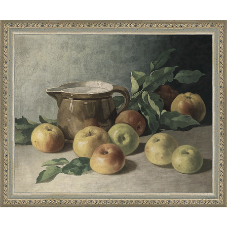 SA071-PITCHER & APPLES Hand framed in an ornate dark silver frame. Finished Size: W 11.25 in x H 9.25 in
