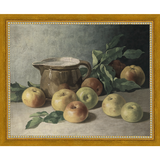 SA071-PITCHER & APPLES Hand framed in a transitional gold frame. Finished Size: W 11.25 in x H 9.25 in