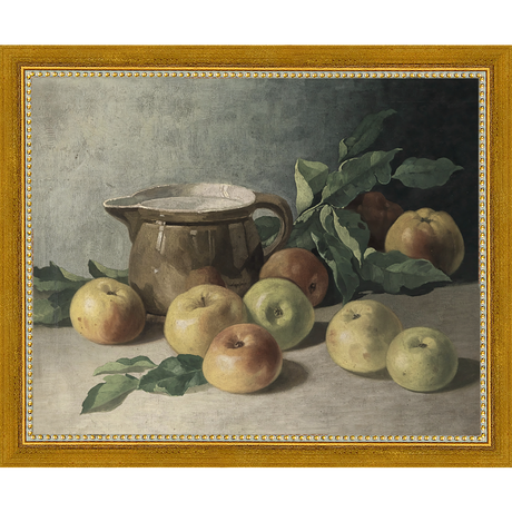 SA071-PITCHER & APPLES Hand framed in a transitional gold frame. Finished Size: W 11.25 in x H 9.25 in