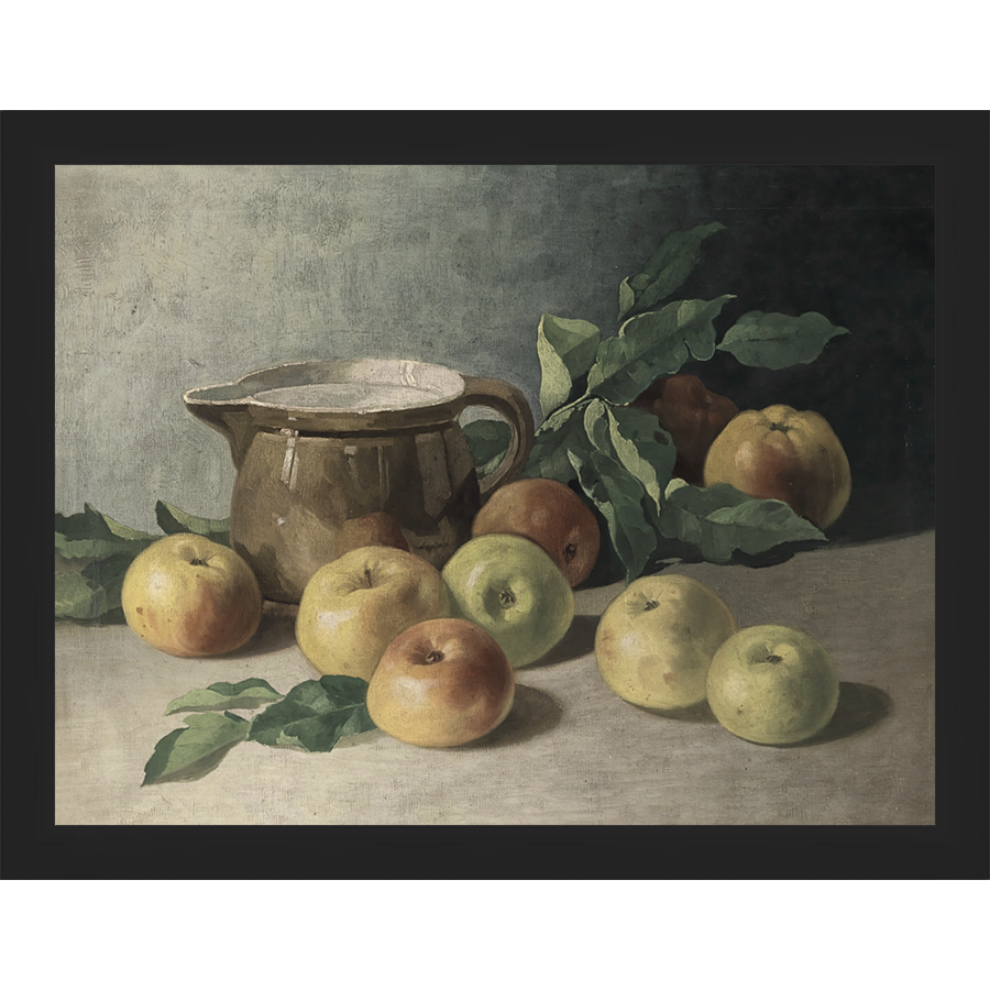 SA071-PITCHER & APPLES Hand framed in a matte black frame. Finished Size: W 13.25 in x H 10.25 in