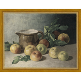 SA071-PITCHER & APPLES Hand framed in a transitional gold frame. Finished Size: W 13.25 in x H 10.25 in