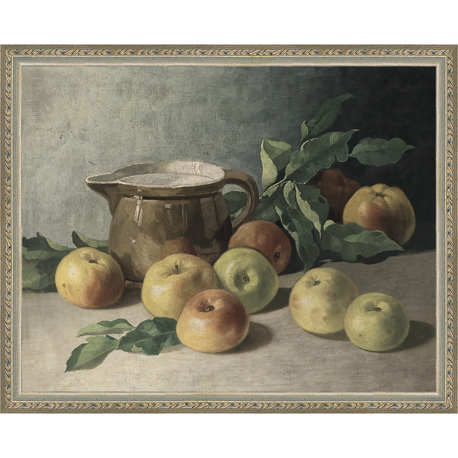 SA071-PITCHER & APPLES Hand framed in an ornate dark silver frame. Finished Size: W 15.25 in x H 12.25 in