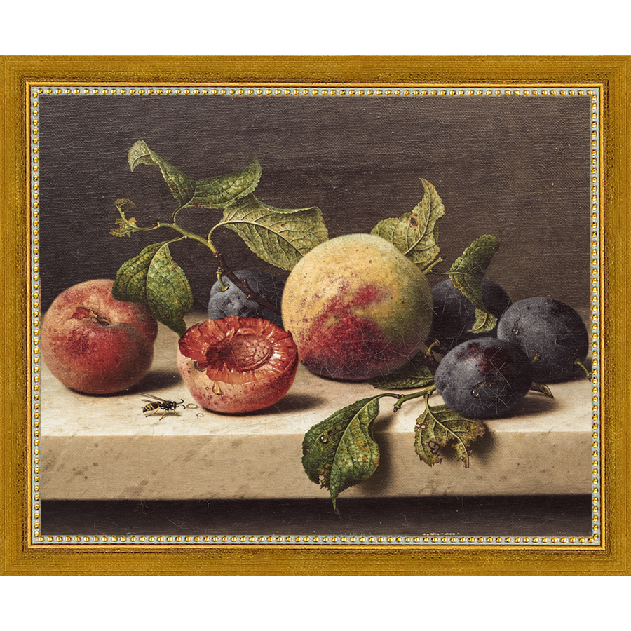 SA074-FRUIT STILL LIFE Hand framed in a transitional gold frame. Finished Size: W 11.25 in x H 9.25 in