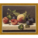 SA074-FRUIT STILL LIFE Hand framed in a transitional gold frame. Finished Size: W 11.25 in x H 9.25 in
