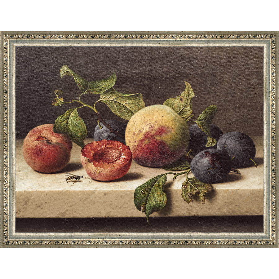 SA074-FRUIT STILL LIFE Hand framed in an ornate dark silver frame. Finished Size: W 13.25 in x H 10.25 in