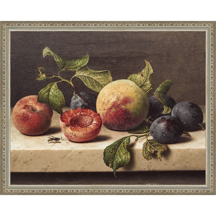 SA074-FRUIT STILL LIFE Hand framed in an ornate dark silver frame. Finished Size: W 15.25 in x H 12.25 in