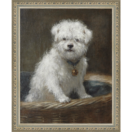 SA083-WHITE PUPPY Hand framed in an ornate dark silver frame. Finished Size: W 9.25 in x H 11.25 in