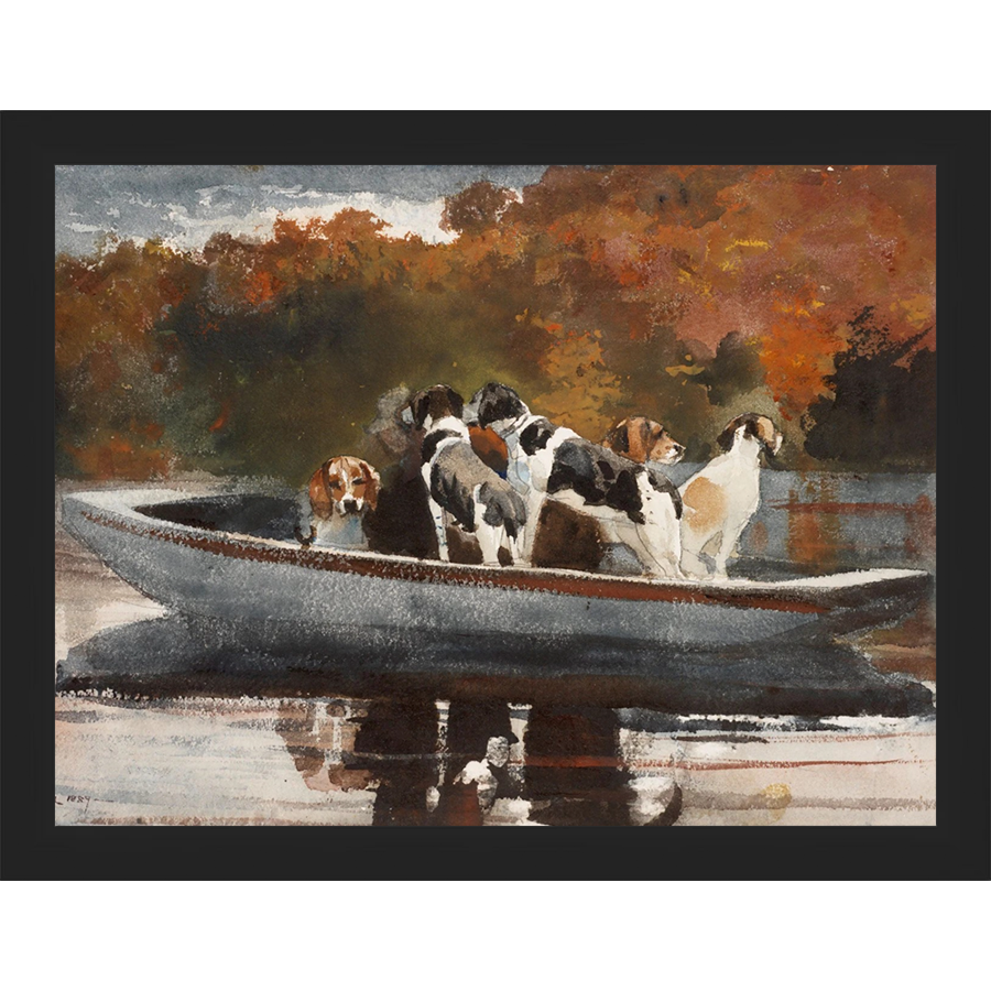 SA085-DOGS IN BOAT Hand framed in a matte black frame. Finished Size: W 13.25 in x H 10.25 in