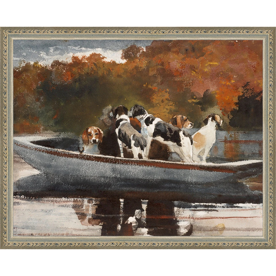 SA085-DOGS IN BOAT Hand framed in an ornate dark silver frame. Finished Size: W 15.25 in x H 12.25 in