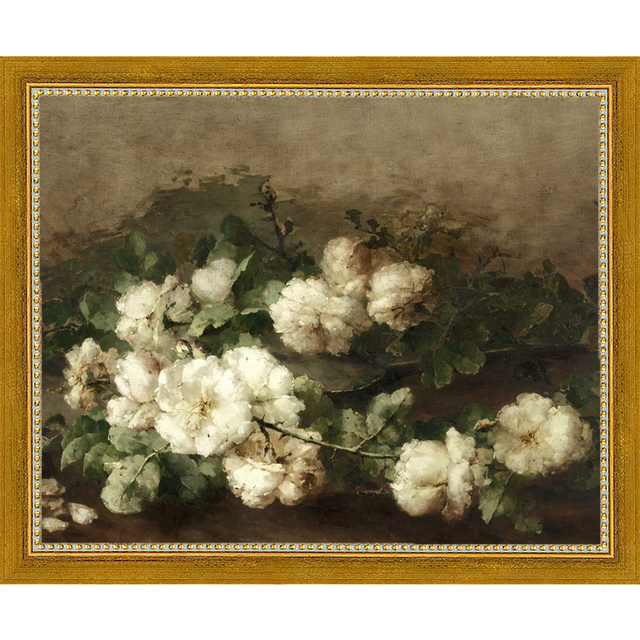 SA091-WHITE FLORAL STUDY Hand framed in a transitional gold frame. Finished Size: W 11.25 in x H 9.25 in