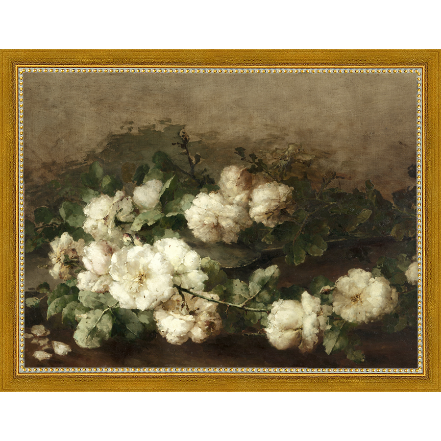 SA091-WHITE FLORAL STUDY Hand framed in a transitional gold frame. Finished Size: W 13.25 in x H 10.25 in