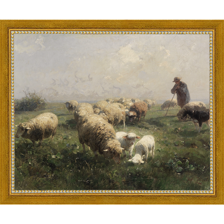 SA104-SHEEP IN THE MEADOW Hand framed in a transitional gold frame. Finished Size: W 11.25 in x H 9.25 in