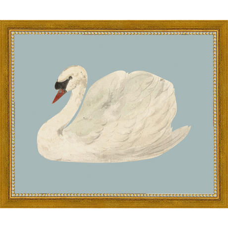 SA127-SWAN ON BLUE FIELD Hand framed in a transitional gold frame. Finished Size: W 11.25 in x H 9.25 in