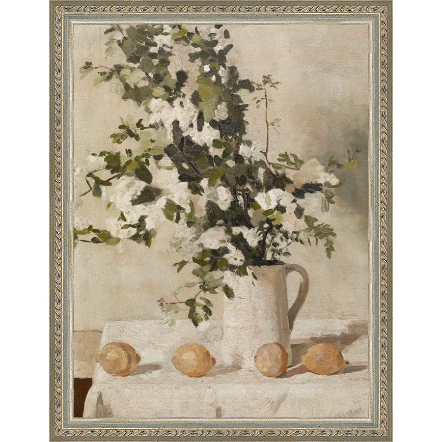 SA130-LEMON BRANCHES Hand framed in an ornate dark silver frame. Finished Size: W 10.25 in x H 13.25 in