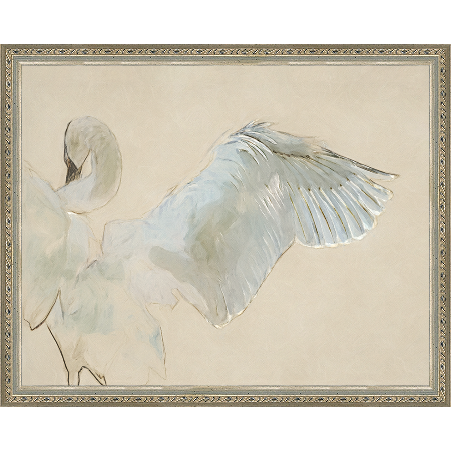 SA133-FLIGHT OF THE SWAN Hand framed in an ornate dark silver frame. Finished Size: W 15.25 in x H 12.25 in