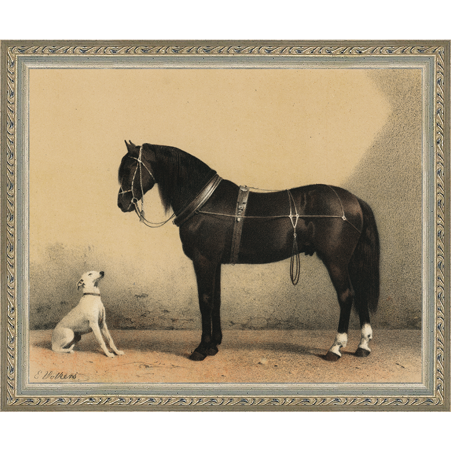 SA135-HORSE AND DOG Hand framed in an ornate dark silver frame. Finished Size: W 11.25 in x H 9.25 in