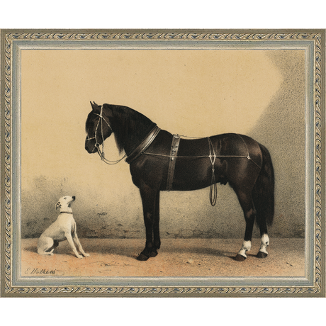 SA135-HORSE AND DOG Hand framed in an ornate dark silver frame. Finished Size: W 11.25 in x H 9.25 in