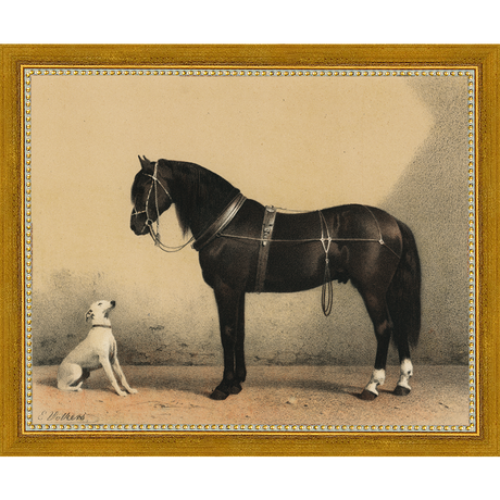 SA135-HORSE AND DOG Hand framed in a transitional gold frame. Finished Size: W 11.25 in x H 9.25 in