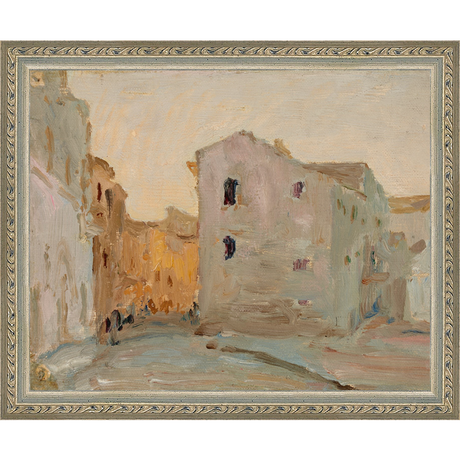 SA138-VILLAGE AT DUSK Hand framed in an ornate dark silver frame. Finished Size: W 11.25 in x H 9.25 in