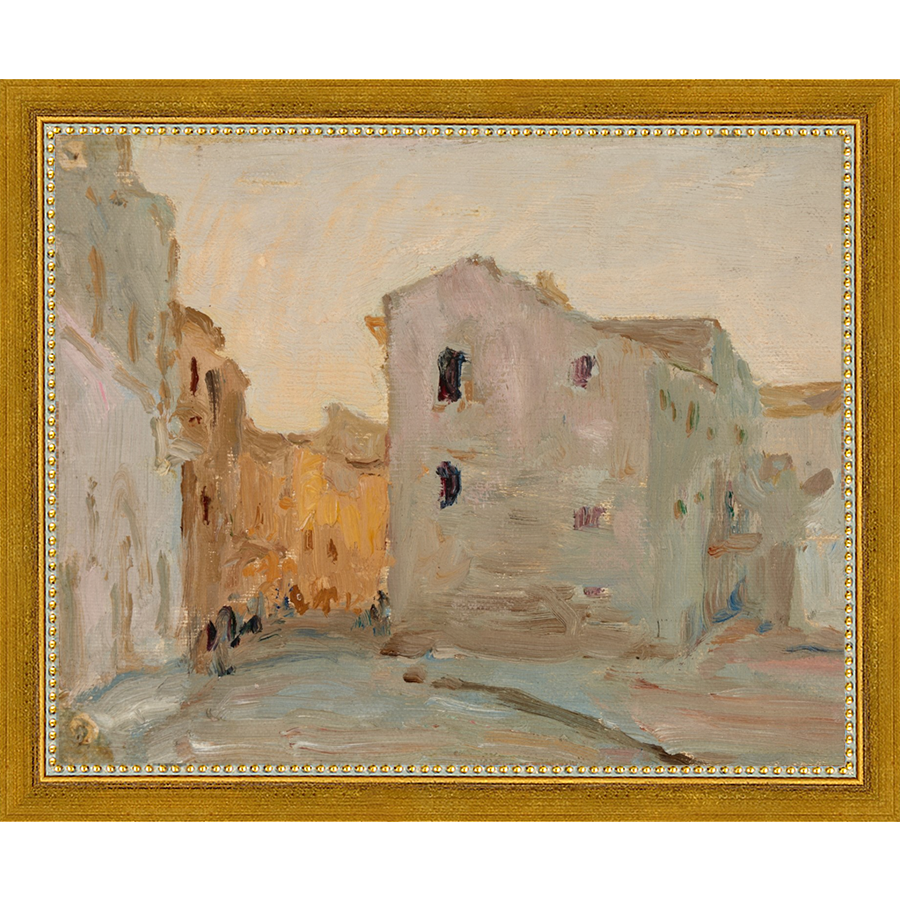 SA138-VILLAGE AT DUSK Hand framed in a transitional gold frame. Finished Size: W 11.25 in x H 9.25 in