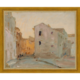 SA138-VILLAGE AT DUSK Hand framed in a transitional gold frame. Finished Size: W 11.25 in x H 9.25 in