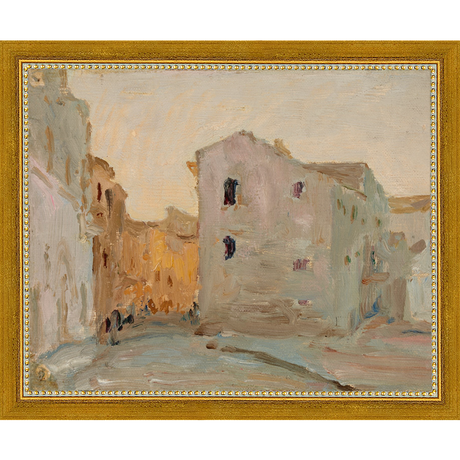 SA138-VILLAGE AT DUSK Hand framed in a transitional gold frame. Finished Size: W 11.25 in x H 9.25 in