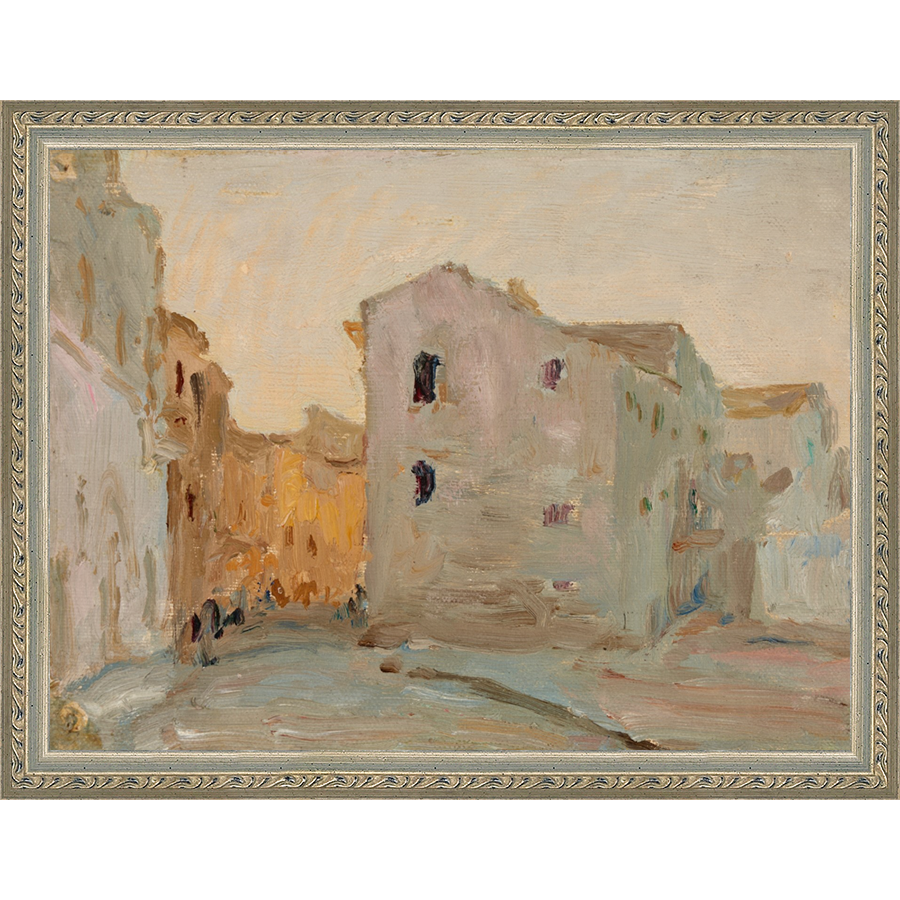 SA138-VILLAGE AT DUSK Hand framed in an ornate dark silver frame. Finished Size: W 13.25 in x H 10.25 in