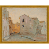 SA138-VILLAGE AT DUSK Hand framed in a transitional gold frame. Finished Size: W 13.25 in x H 10.25 in