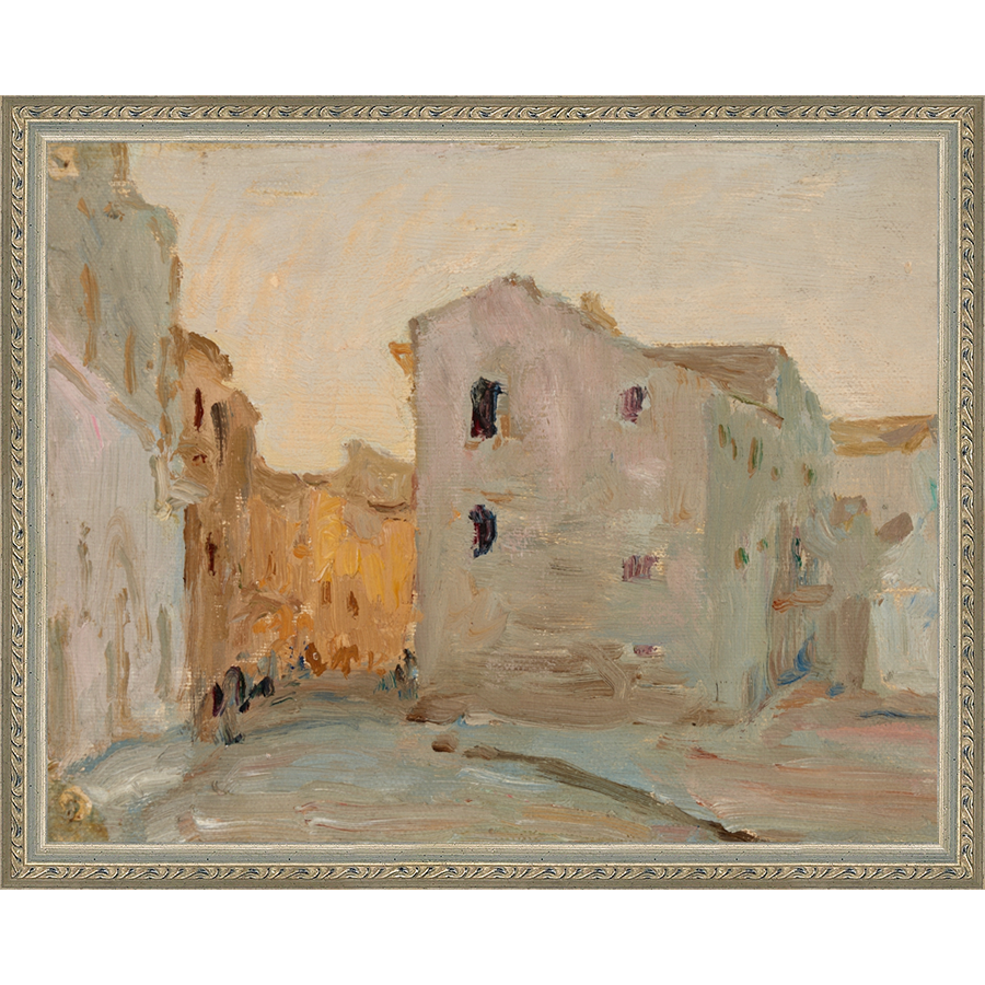 SA138-VILLAGE AT DUSK Hand framed in an ornate dark silver frame. Finished Size: W 15.25 in x H 12.25 in