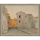 SA138-VILLAGE AT DUSK Hand framed in an ornate dark silver frame. Finished Size: W 15.25 in x H 12.25 in