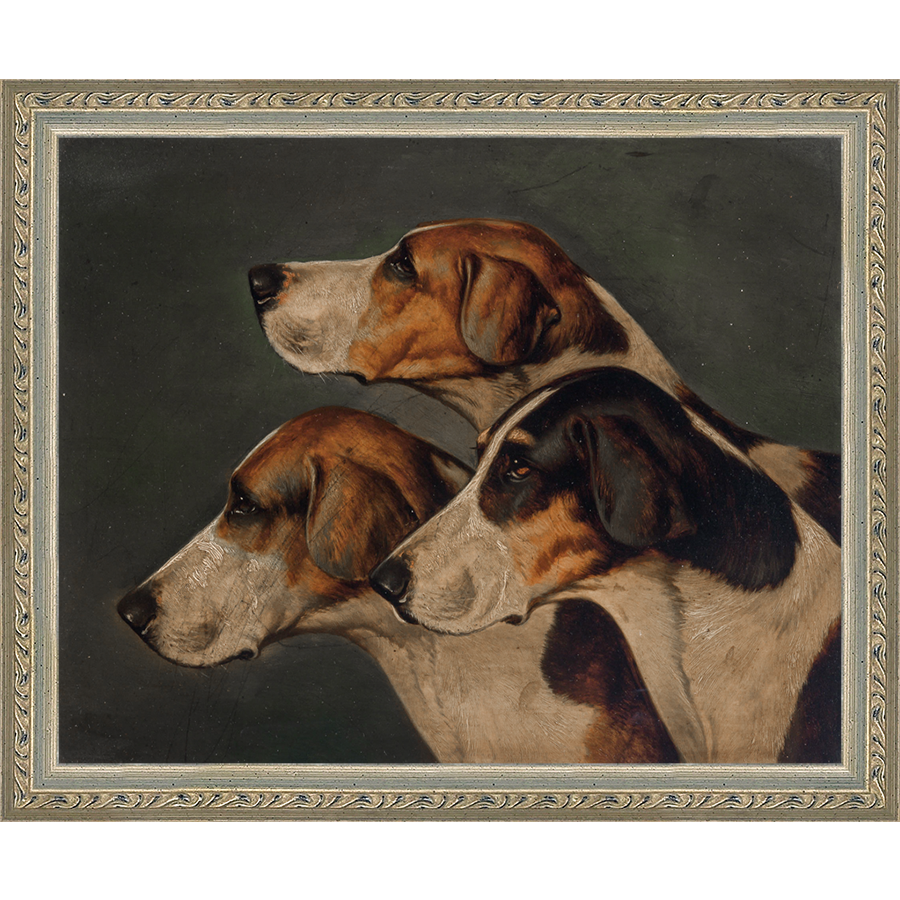 SA150-THREE HUNTING DOGS Hand framed in an ornate dark silver frame. Finished Size: W 11.25 in x H 9.25 in
