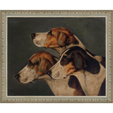 SA150-THREE HUNTING DOGS Hand framed in an ornate dark silver frame. Finished Size: W 11.25 in x H 9.25 in