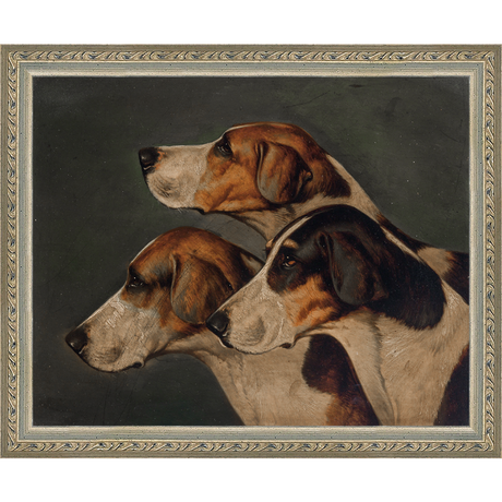 SA150-THREE HUNTING DOGS Hand framed in an ornate dark silver frame. Finished Size: W 11.25 in x H 9.25 in