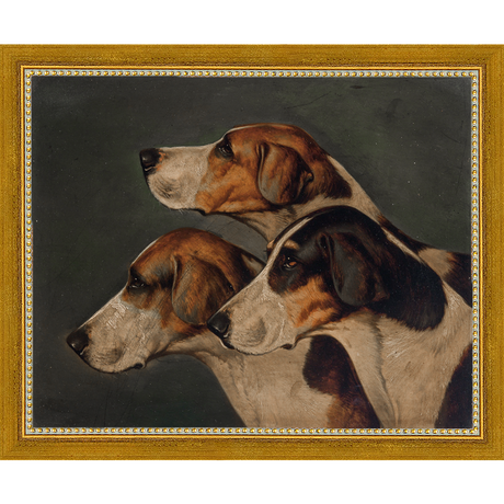 SA150-THREE HUNTING DOGS Hand framed in a transitional gold frame. Finished Size: W 11.25 in x H 9.25 in