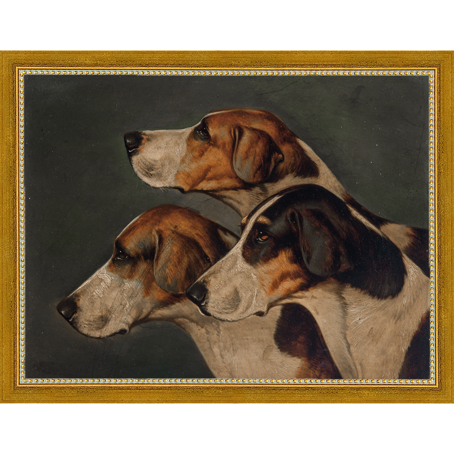 SA150-THREE HUNTING DOGS Hand framed in a transitional gold frame. Finished Size: W 13.25 in x H 10.25 in