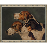 SA150-THREE HUNTING DOGS Hand framed in an ornate dark silver frame. Finished Size: W 15.25 in x H 12.25 in